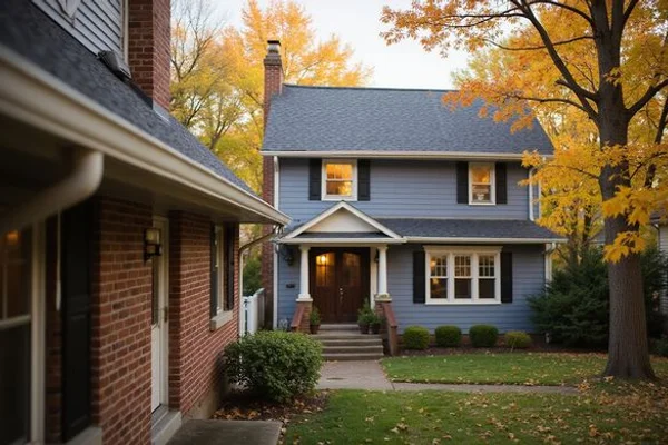 Roofline and gutters of a two-story home seen from the yard