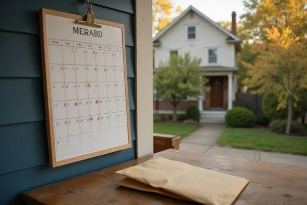 Calendar with key dates next to a mortgage servicer envelope