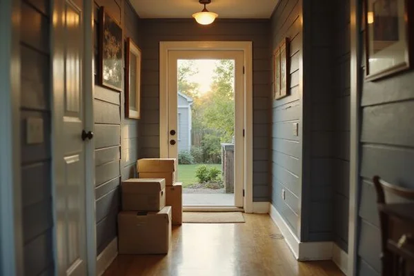 Clear hallway and exit door after partial decluttering