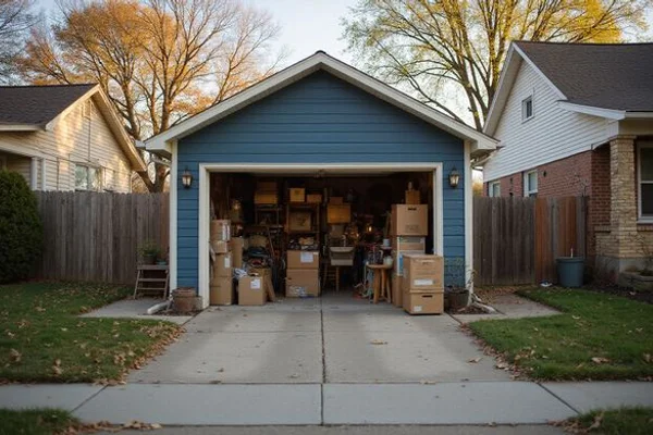 Crowded garage with stacked boxes and old furniture