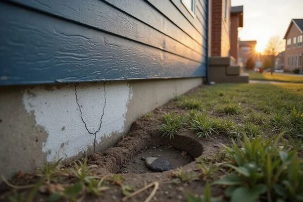Hairline crack and efflorescence on a basement wall near a sump pit