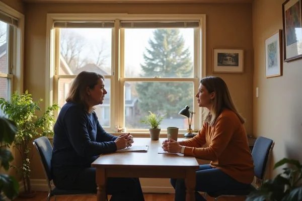 Housing counselor and homeowner talking across a desk