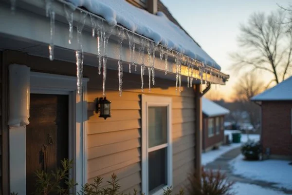 Icicles and an ice dam along a roof edge in winter