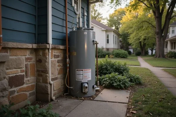 Older furnace and water heater in a stone-foundation basement