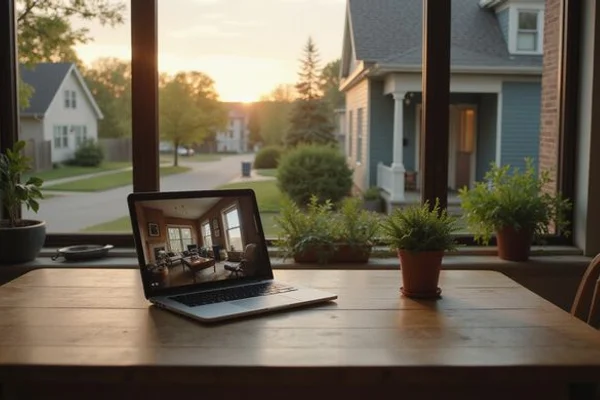 Video call on a laptop showing a house walkthrough to a remote heir