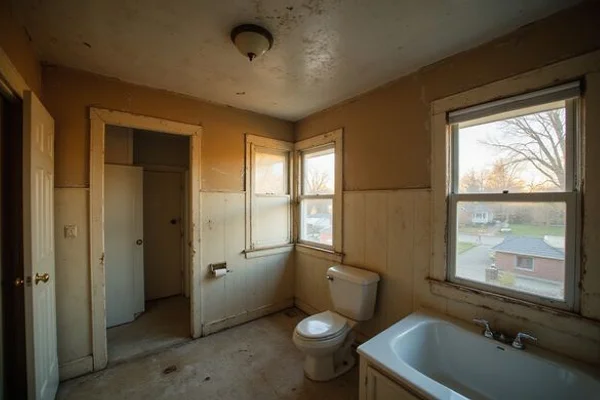 Water-stained ceiling drywall below an upstairs bathroom