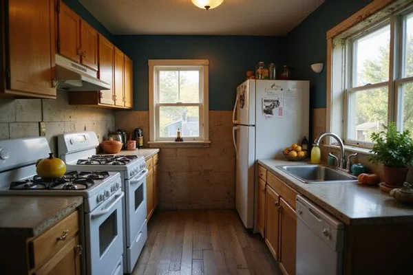 Worn but clean rental unit kitchen with older appliances