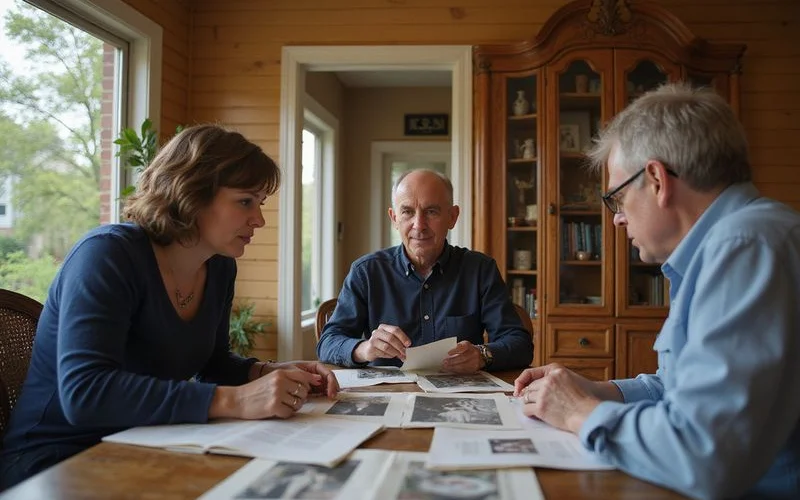 Adult siblings reviewing estate papers and family photos at a dining table