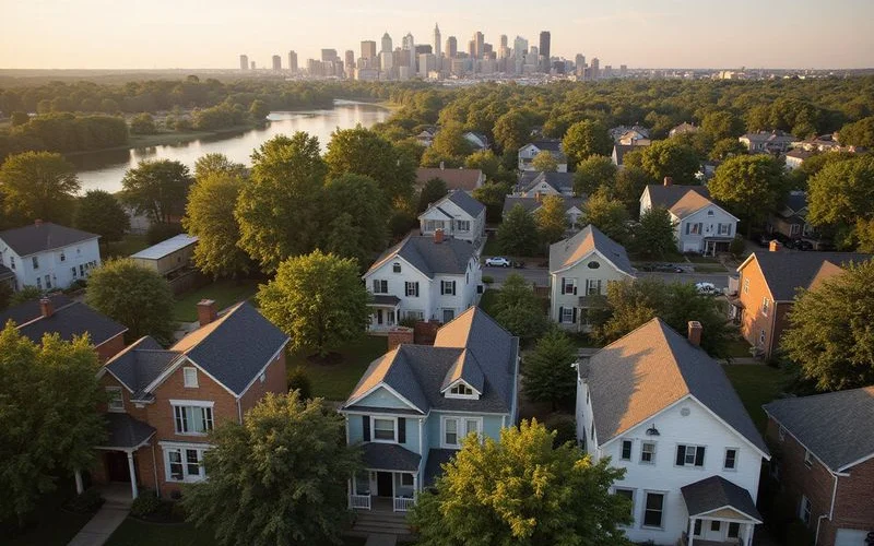 Aerial view of Minneapolis neighborhoods with lakes, tree canopy, and the downtown skyline
