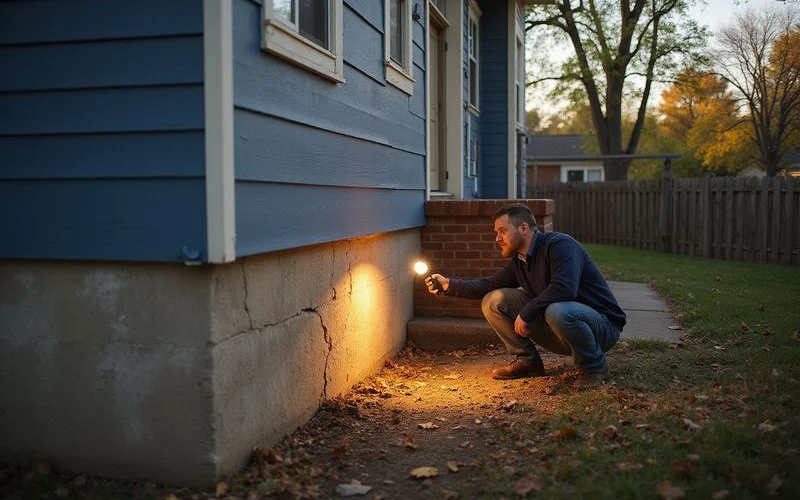 Buyer examining a cracked stone basement foundation wall with a flashlight