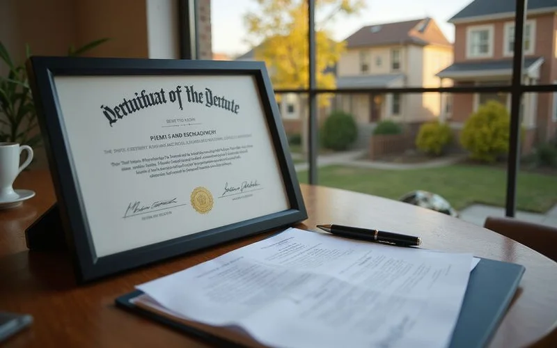 Rental license certificate on a desk with a pen
