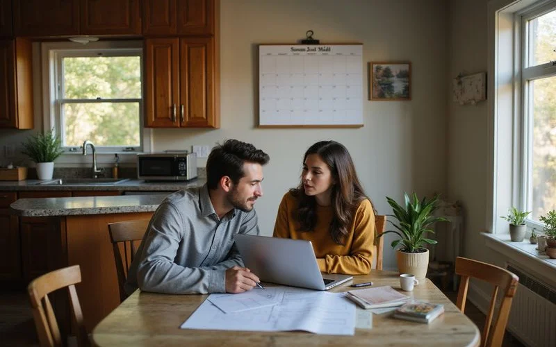 Couple planning a move with a calendar and laptop at a kitchen table
