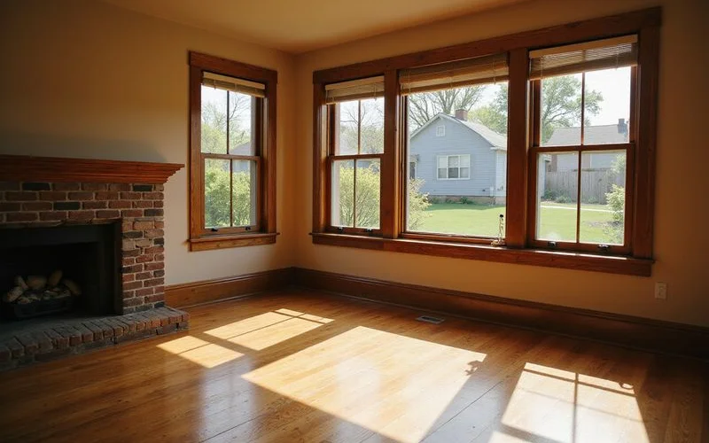 Empty Minneapolis living room with sunlight on wood floors