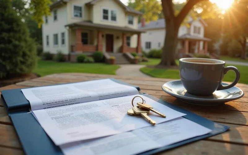 Folder of condo association documents on a desk with keys and coffee