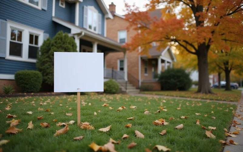 For-sale sign in front of a Minneapolis two-story home in autumn