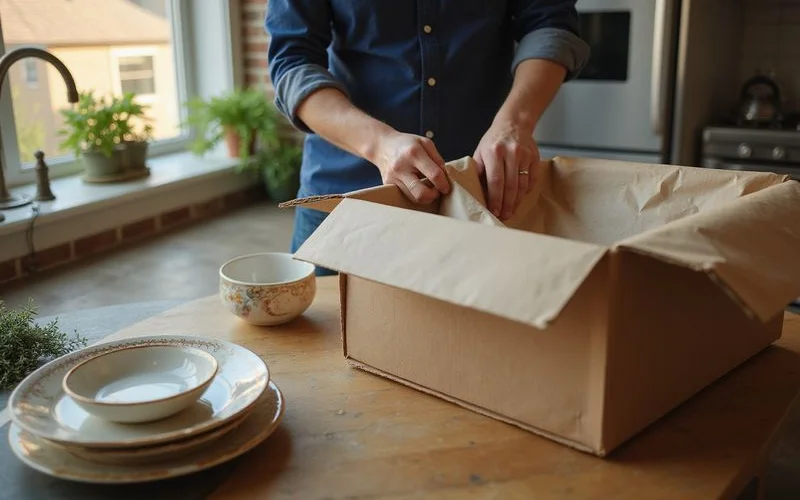 Hands wrapping heirloom dishes in paper for a move
