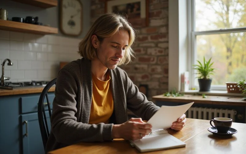 Homeowner calmly reading a mortgage letter at a kitchen table