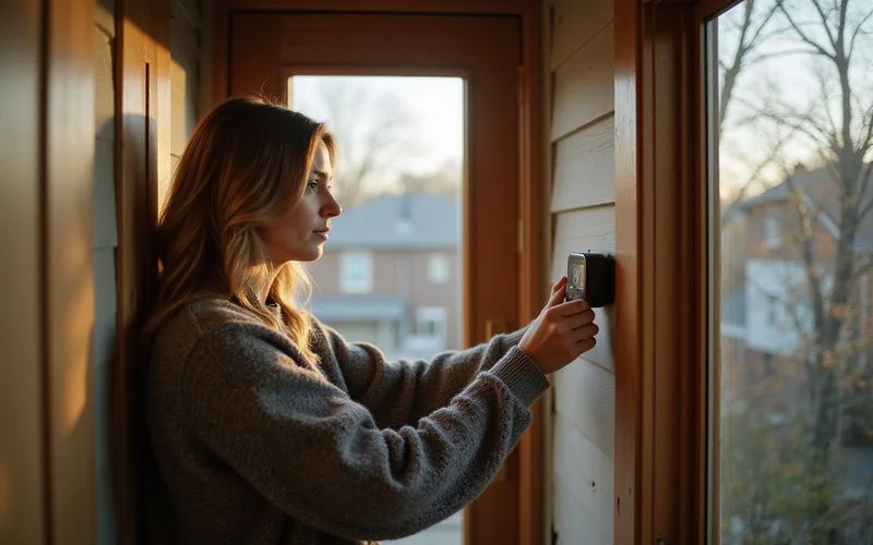 Homeowner checking a thermostat beside a window with bare autumn trees outside