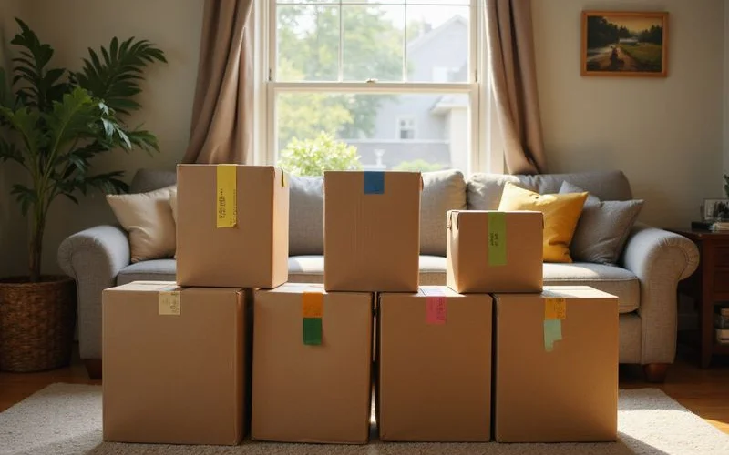 Keep, donate, and leave boxes sorted in a Minneapolis home before cleanout sale