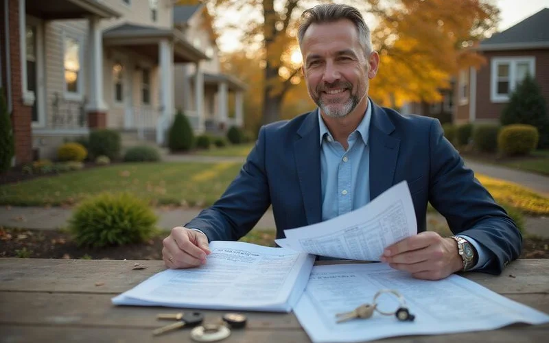 Landlord reviewing a rent roll and lease copies beside labeled keys