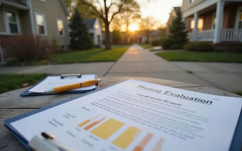 Mock evaluation report page with repair and informational sections highlighted