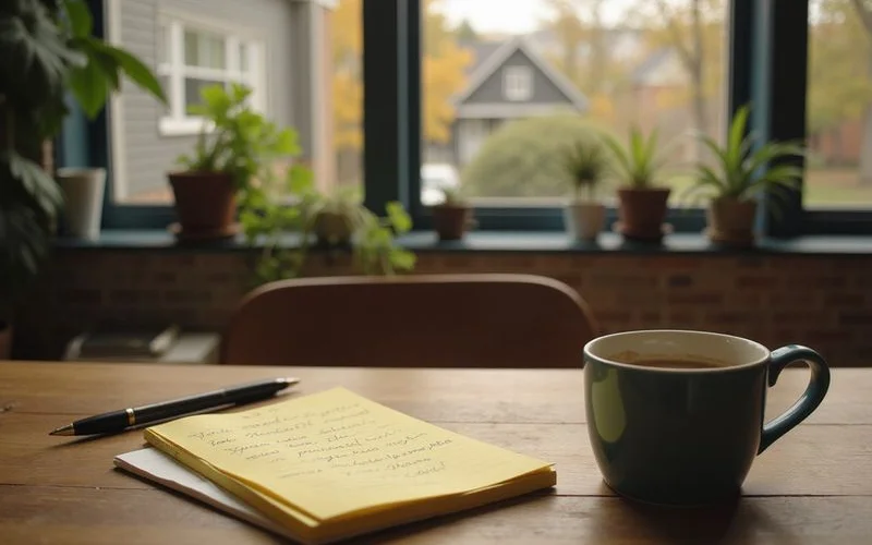 Notepad with questions to ask a home buyer, pen, and coffee mug
