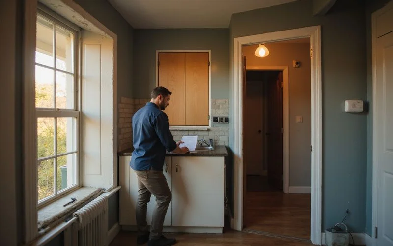 Owner checking the thermostat and utility bills in an empty house