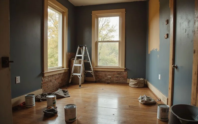 Paint cans and tools in an empty room of an older home