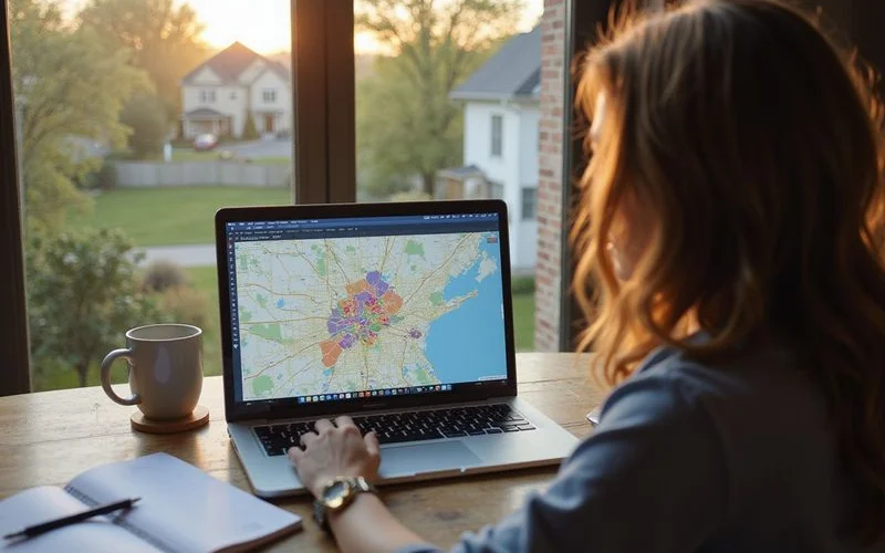 Person searching a city preservation map on a laptop