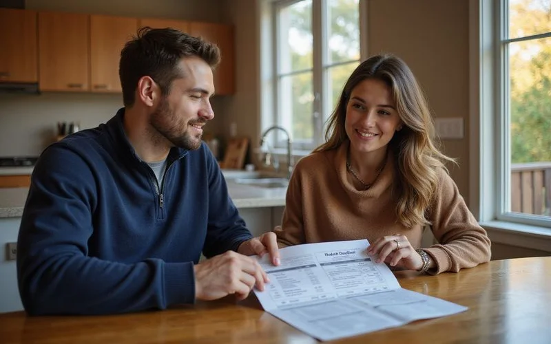 Homeowner and buyer reviewing a written as-is offer worksheet at a kitchen table