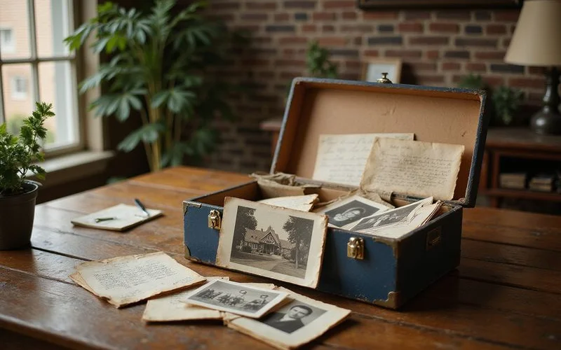 Shoebox of family photos and documents on a table