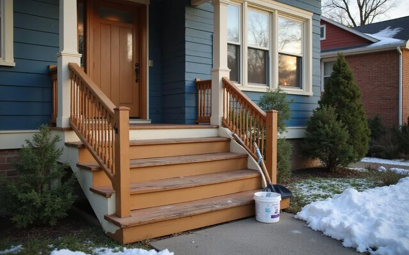 Snow shovel and ice melt on the front steps of a Minneapolis home
