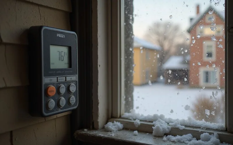 Thermostat set to a safe winter temperature beside a frosty window