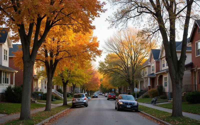 Tree-lined Minneapolis residential street with brick and siding homes in early autumn