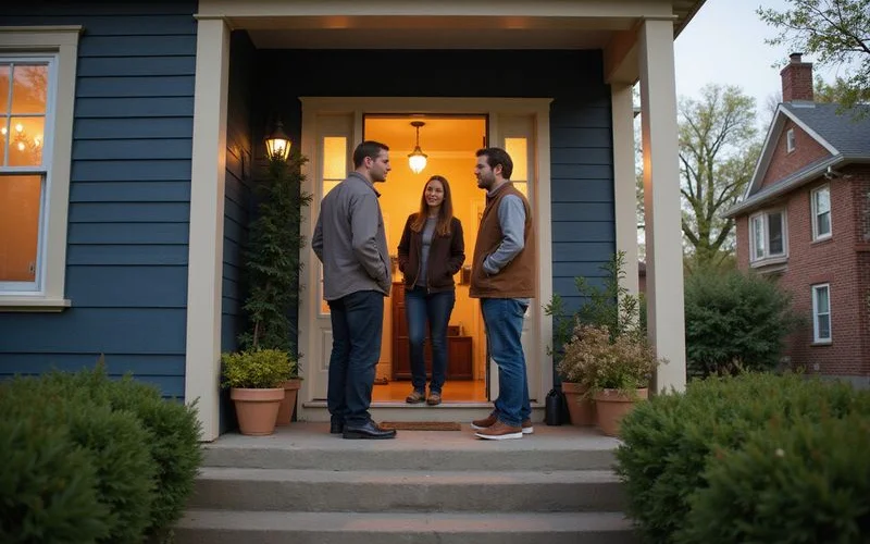 Two people talking calmly at a front door, seen from behind