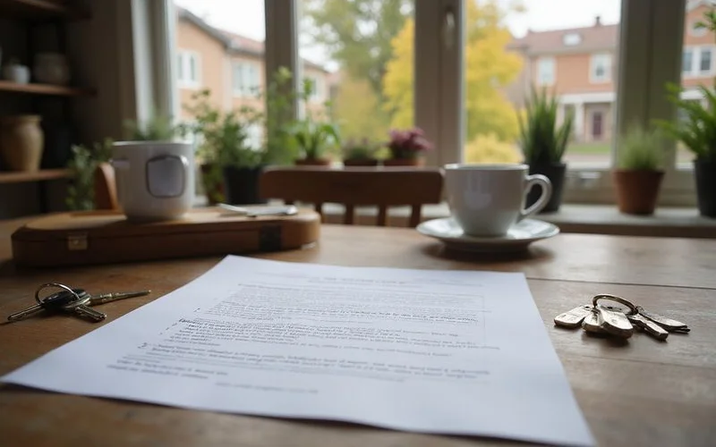 Written offer with itemized costs on a kitchen table beside house keys