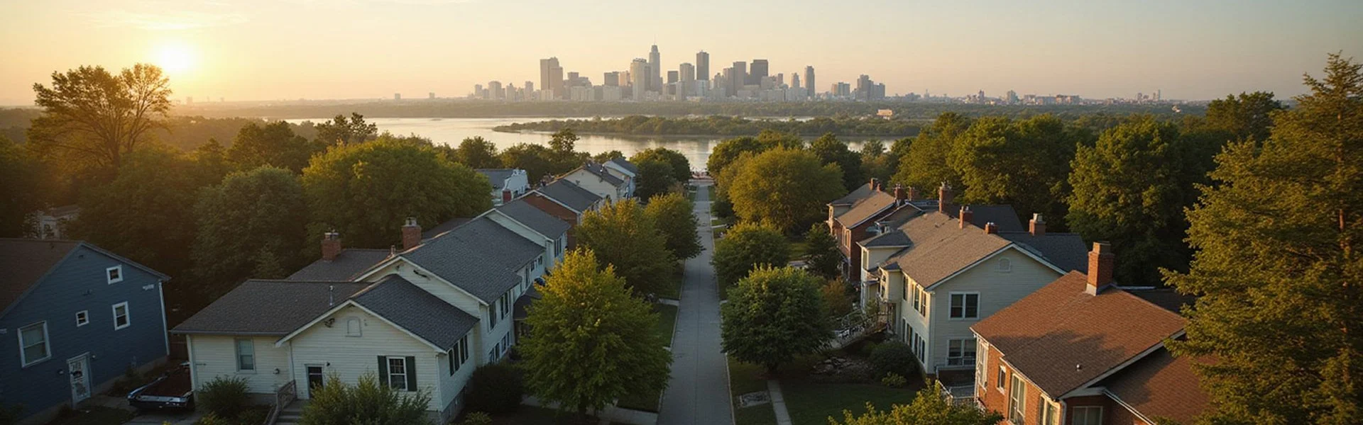 Minneapolis skyline above tree-covered residential neighborhoods