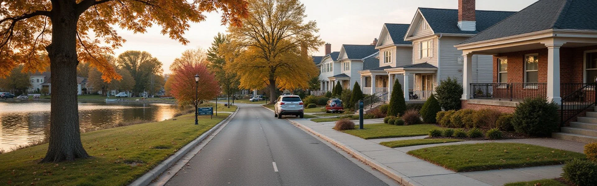 Twin Cities lakeside neighborhood with classic homes in autumn