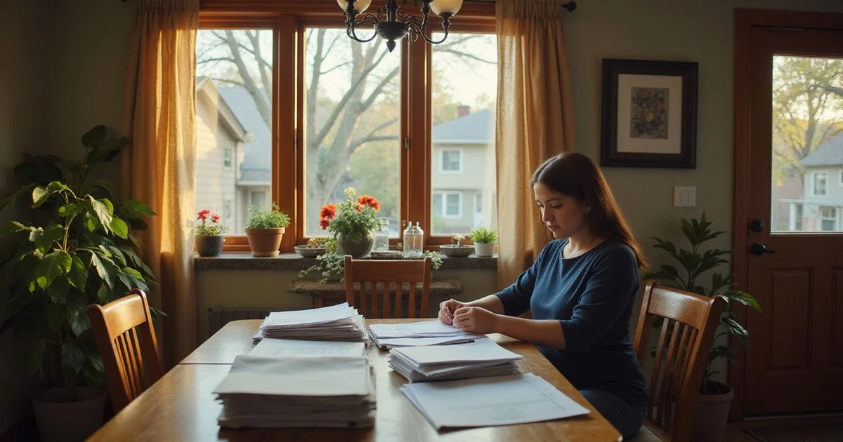 Adult child sorting a parent's mail and documents in a Minneapolis home