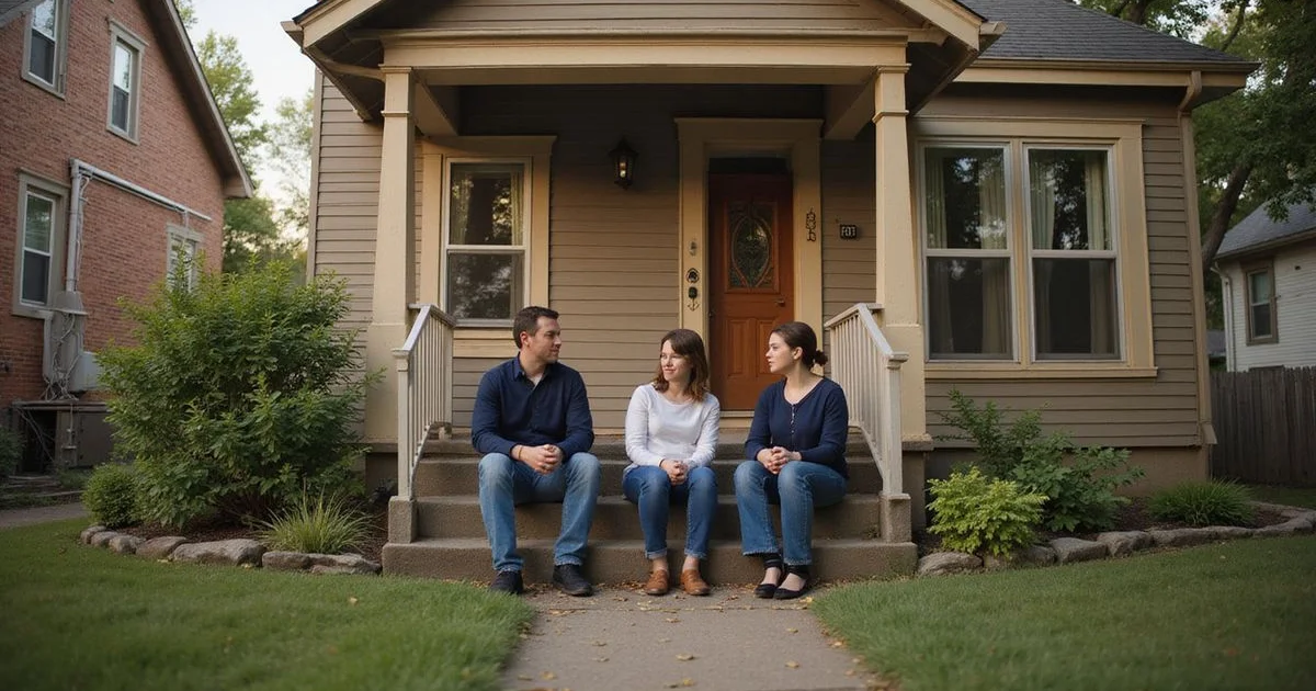 Adult siblings talking on the front steps of a family home in Minneapolis