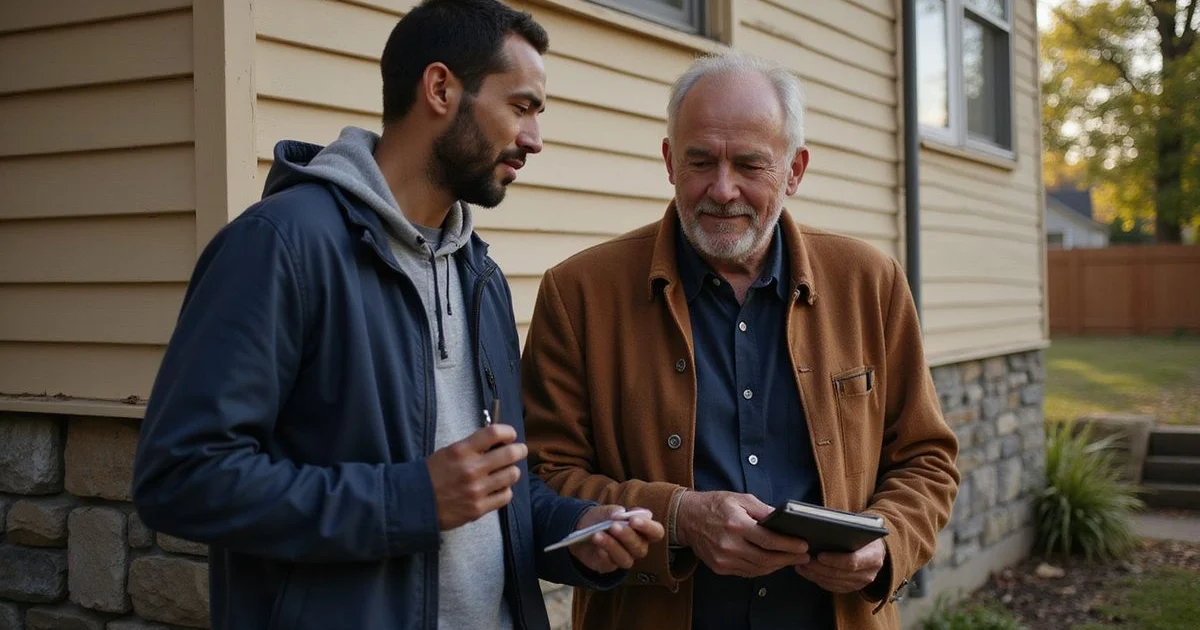 Buyer and homeowner looking at a basement furnace together