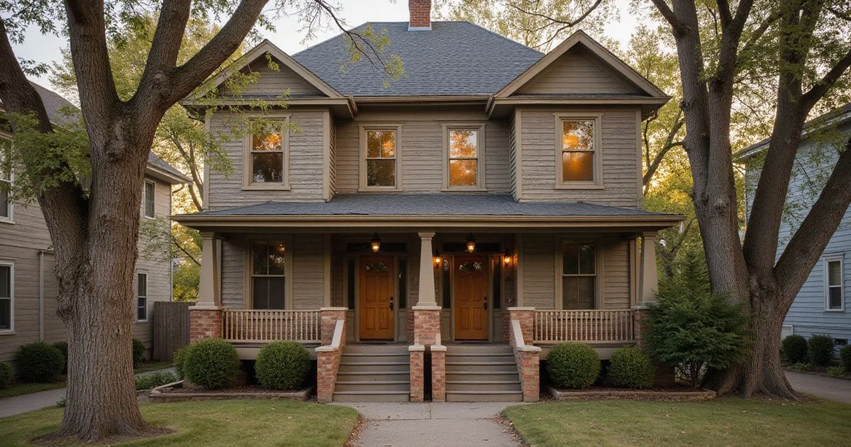 Classic Minneapolis up-and-down duplex with two front doors at golden hour