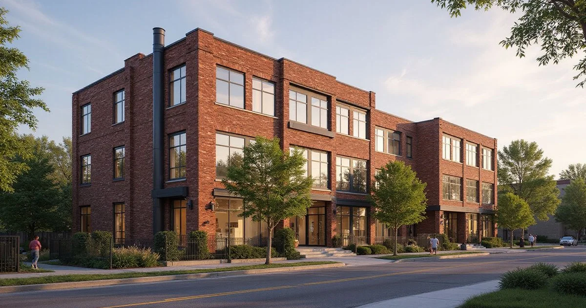 Converted brick warehouse condo building in the North Loop at golden hour