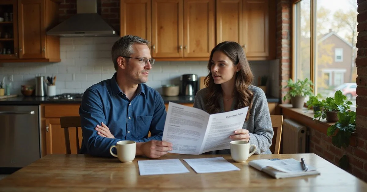 Couple comparing two printed offers at a kitchen table