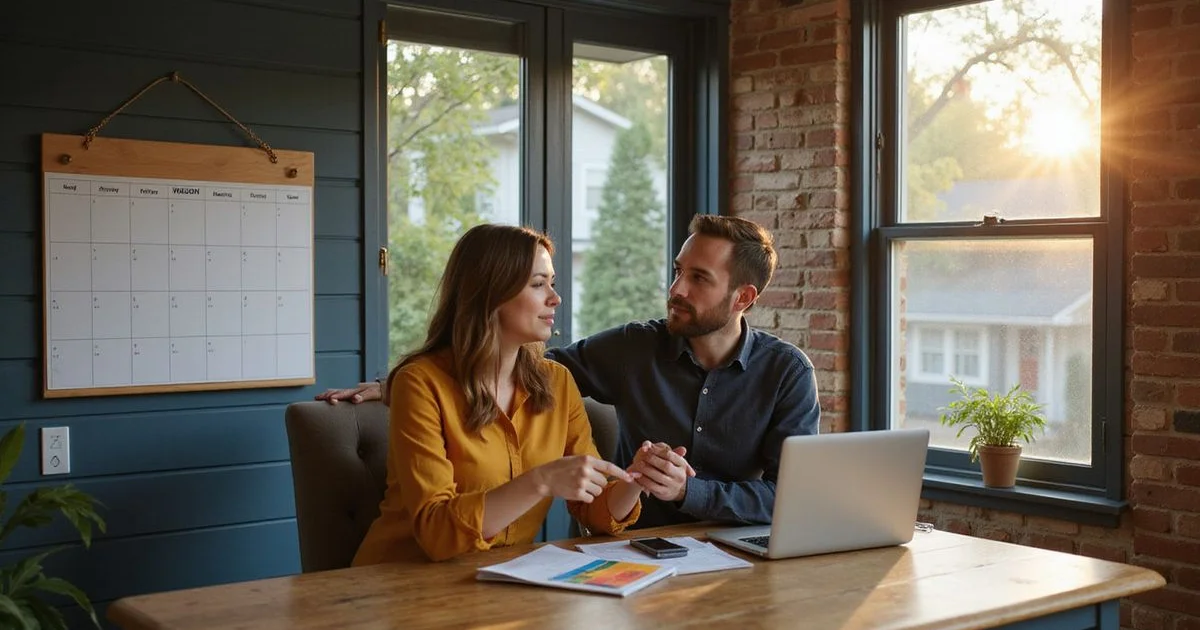 Couple planning a move with a calendar at a kitchen table