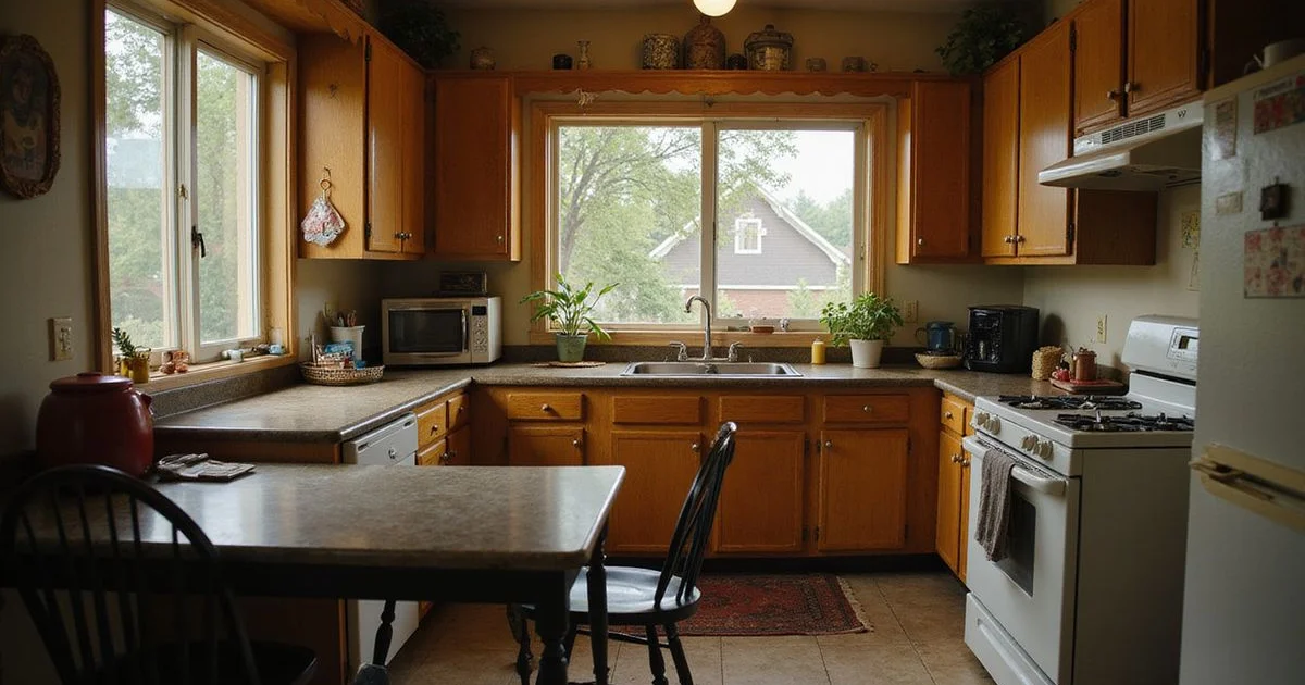 Dated original kitchen in a lived-in Minneapolis home in warm afternoon light