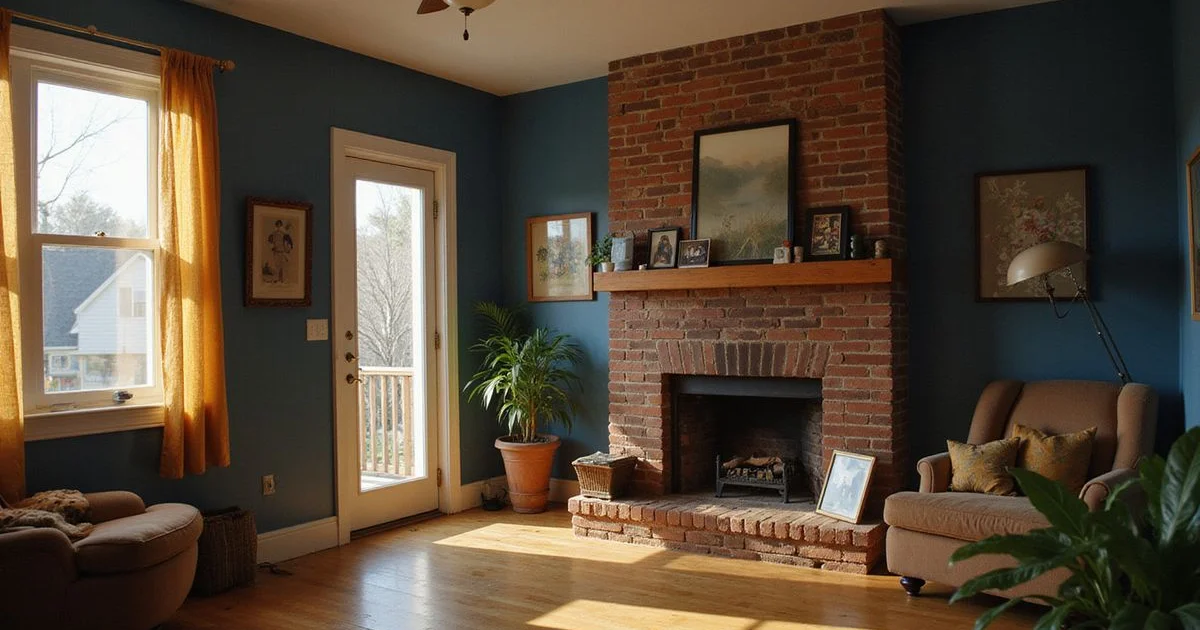 Empty living room of an inherited home with family photos on the mantel