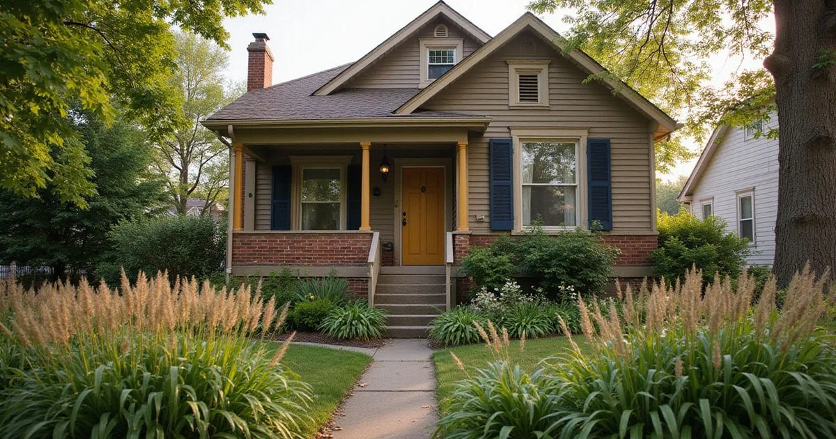 Exterior of a modest Minneapolis home with an overgrown garden