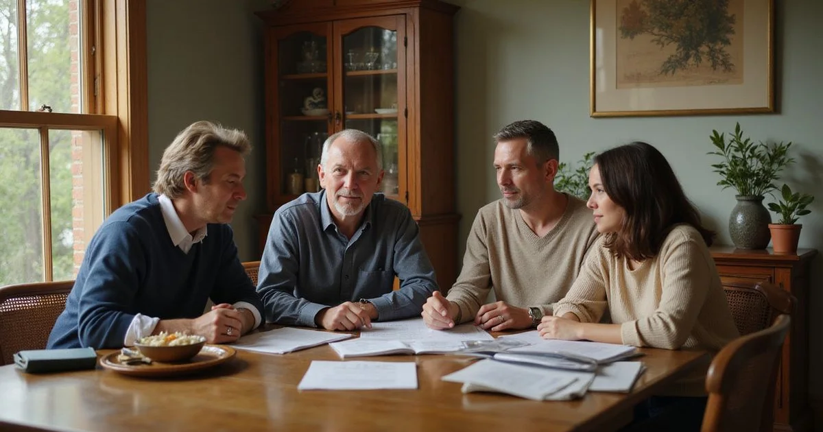 Family members reviewing papers at a dining table in an older Minneapolis home
