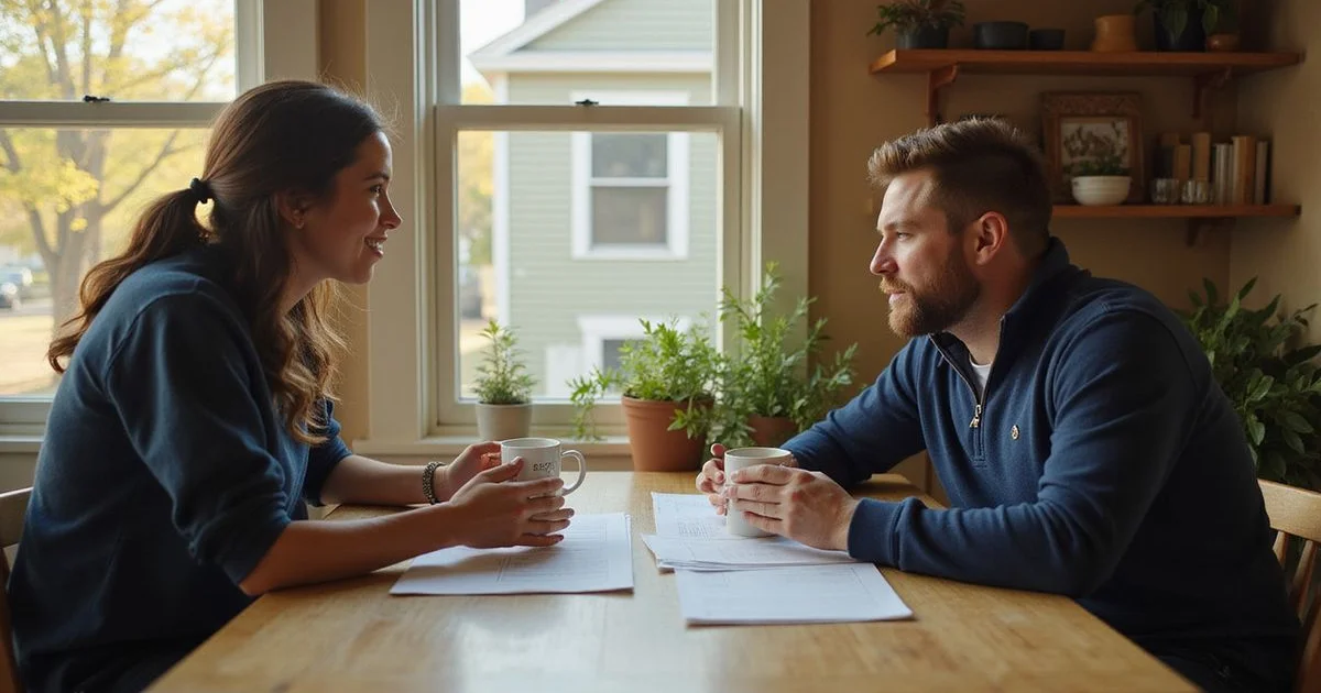 Local buyer and homeowner talking at a kitchen table in a Minneapolis bungalow